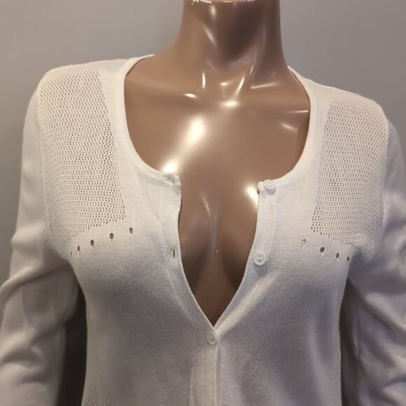 Laura Open Mesh Knit Cardigan Buttoned Front Eyelet Ivory White Sweater Medium - Picture 2 of 10